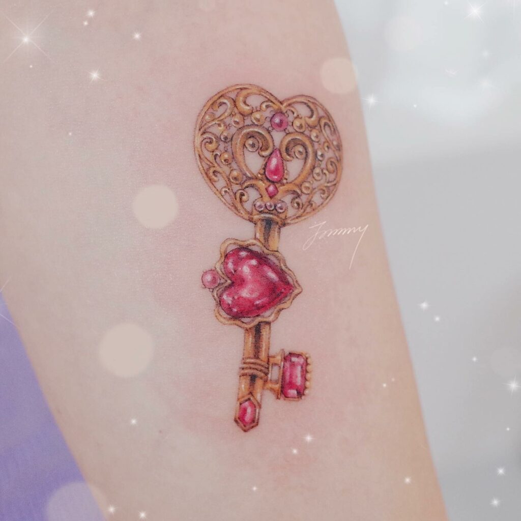 11+ Love Key Tattoo Ideas That Will Blow Your Mind! 13 Pink Heart Shape Key Tattoo