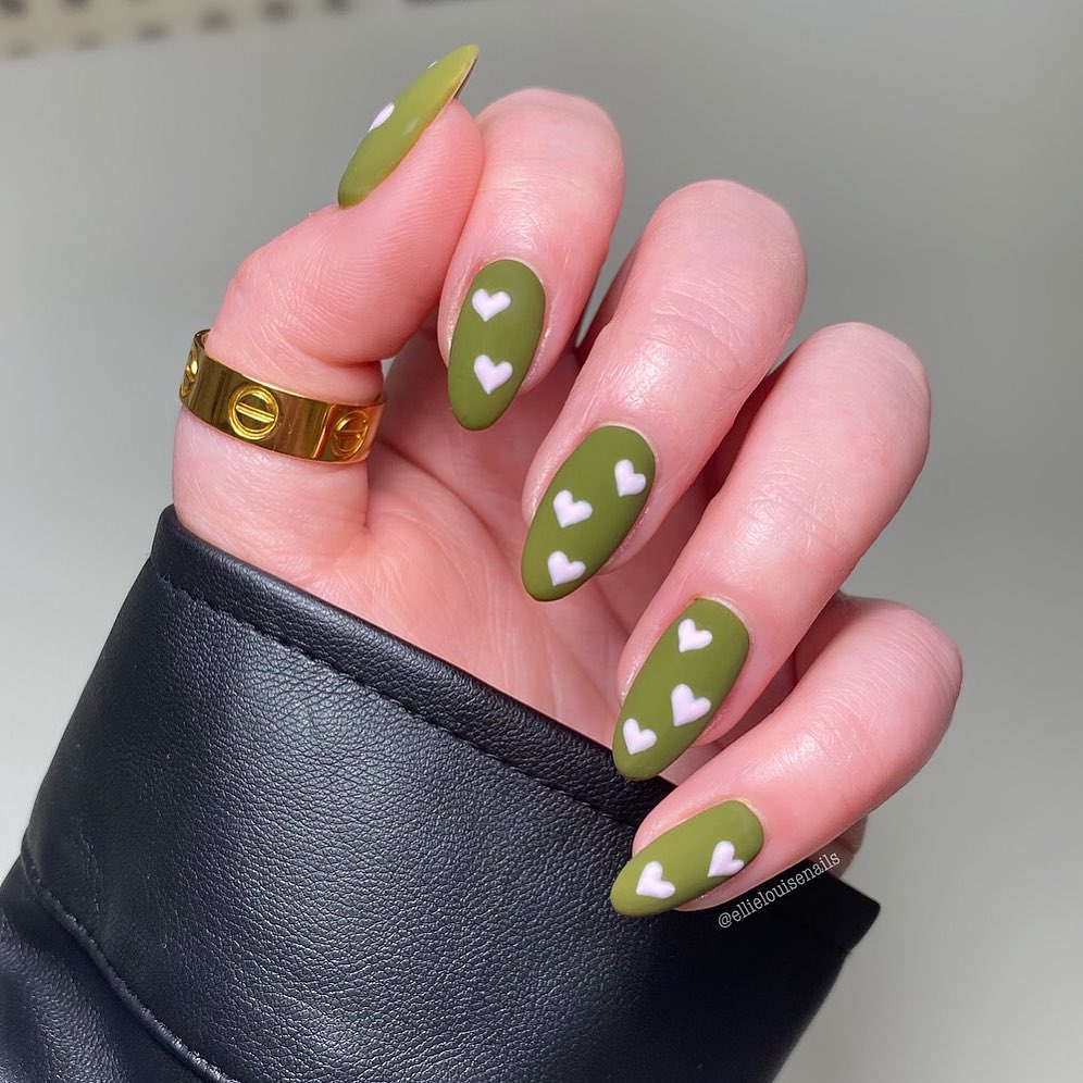 Explore 44 Olive Green Nail Designs in 2024 32 Pink Heart Designs on Olive Green Nails