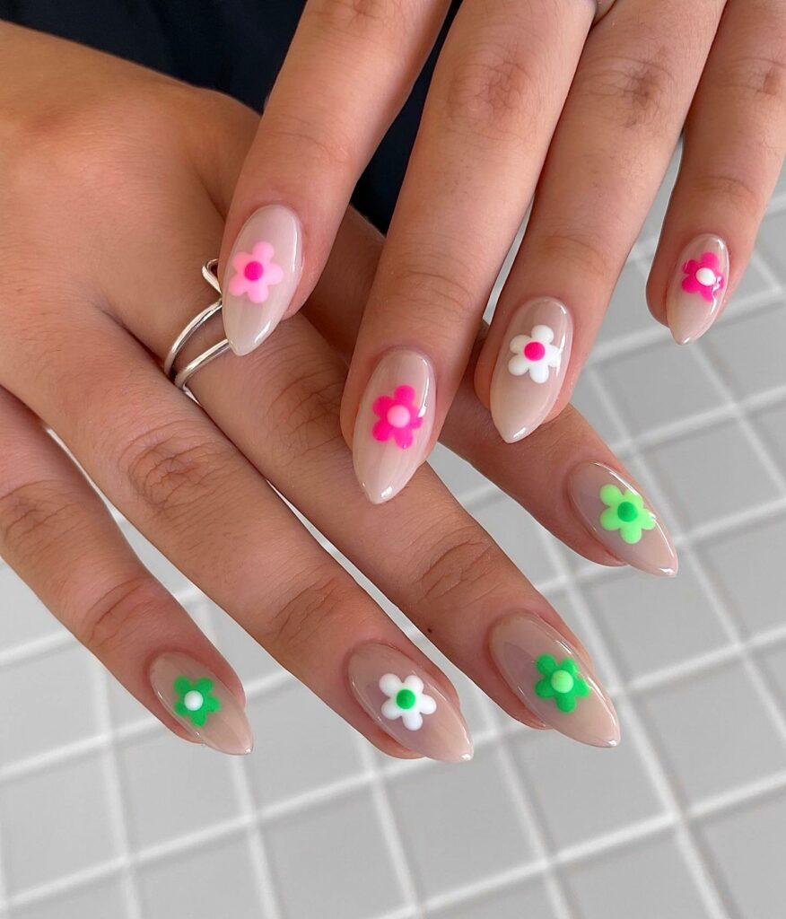 19 Latest Spring Nail Art Ideas To Try This Season 24 Pink and Green Flower Nails