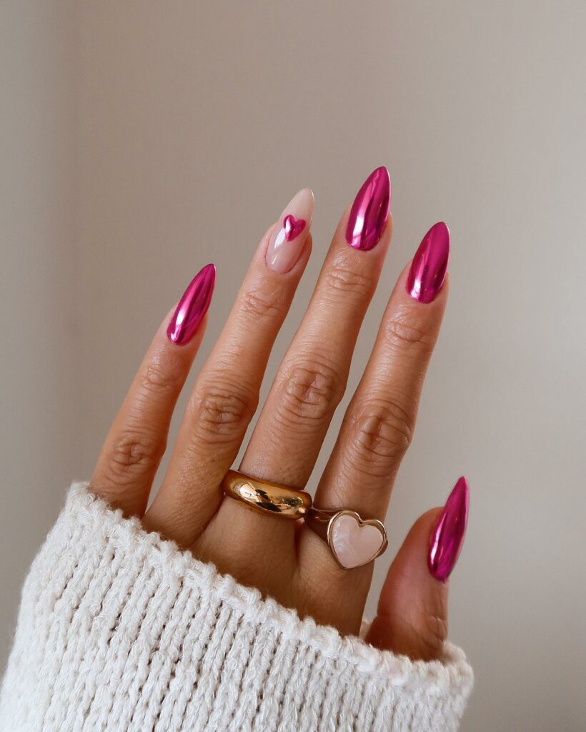 25 Latest Chrome Nail Ideas To Try In 2024! 24 Charming Pink Chrome Nails with Heart Accents