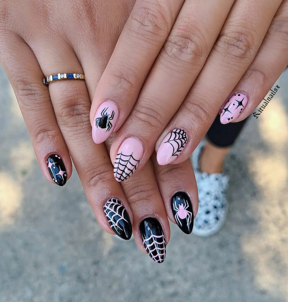 Get Spooky with 33 Black Halloween Nails To Try in 2024 38 Pink spider web nails