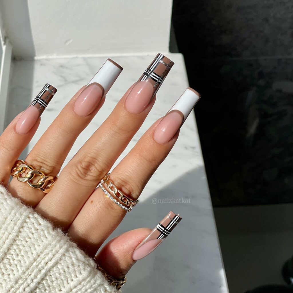 30 Latest Long French Tip Nail Ideas To Try In 2024! 45 Plaid Inspired French Long Nails