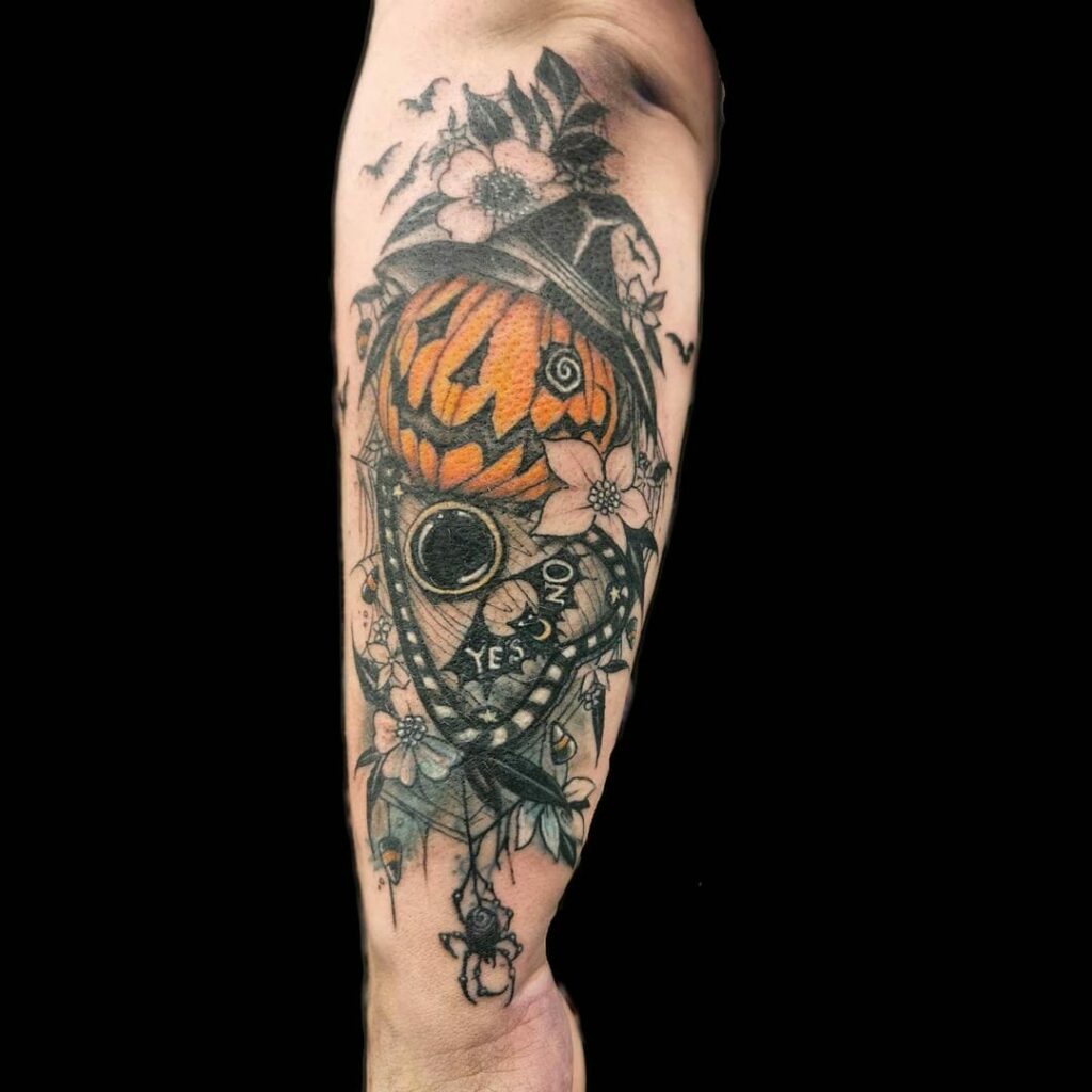 11+ Planchette Tattoo Ideas You Have To See To Believe! 18 Planchette Hand Tattoo With A Pumpkin