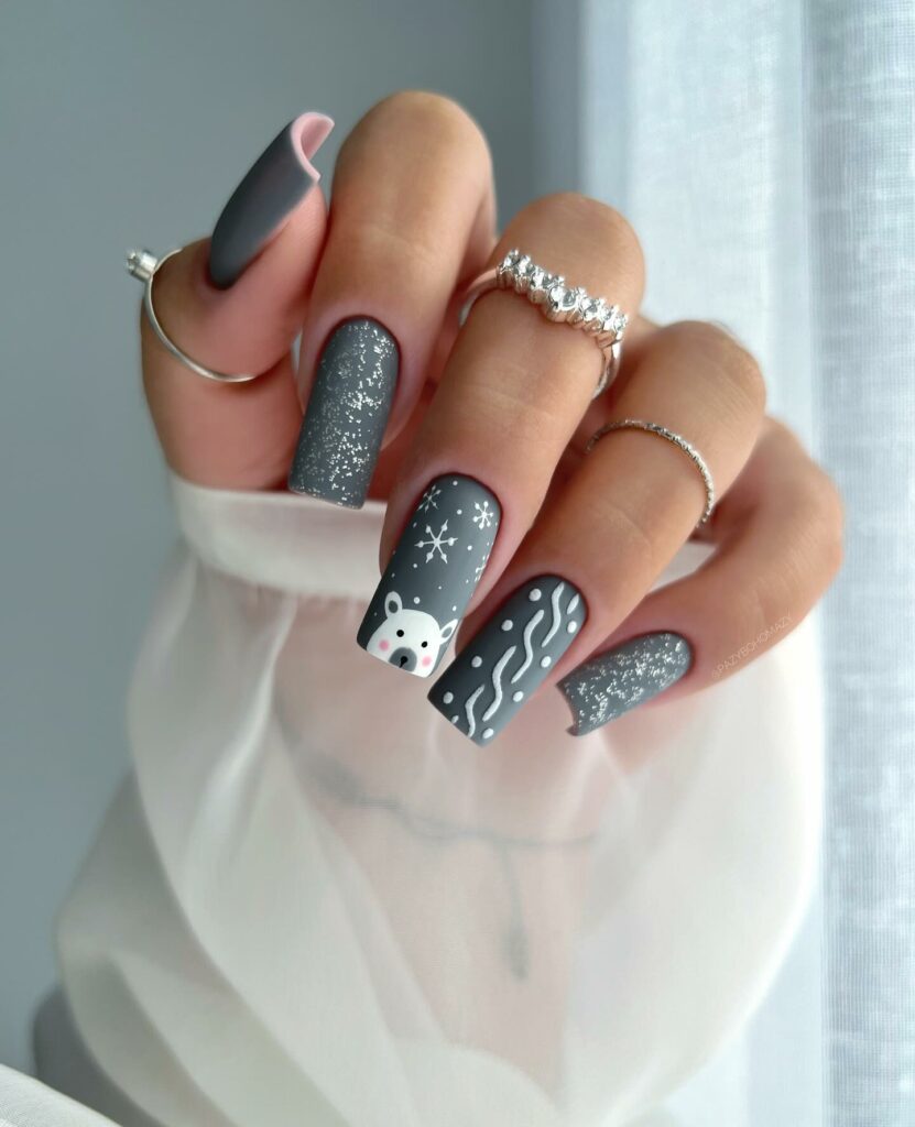 Get Cozy with 20 Grey Christmas Nail Ideas in 2024 13 Playful Grey Nails with a Touch of Whimsy
