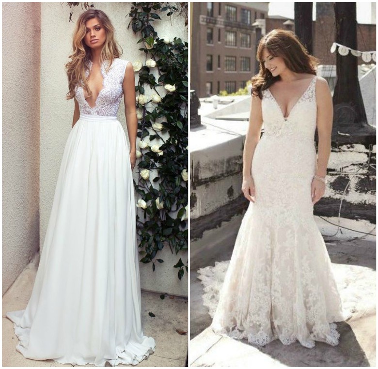 What to Wear Under a Wedding Dress 18 Two women wearing plunge wedding dresses