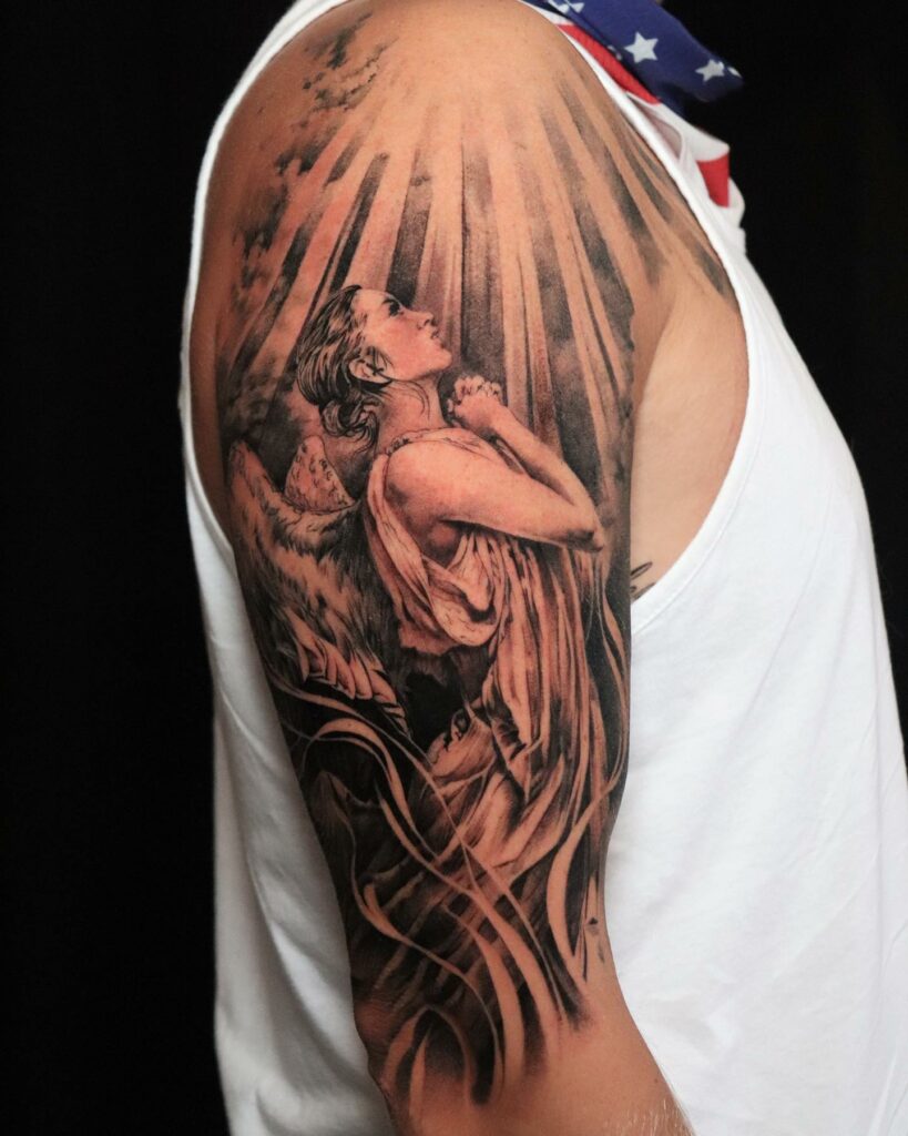 10+ Female Guardian Angel Tattoo Ideas That Will Blow Your Mind! 11 Praying Angel Female Angel Tattoo