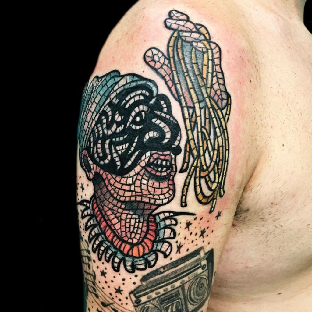11+ Mosaic Tattoo Ideas That Will Blow Your Mind! 11 Pulcinella Mask Mosaic Tattoo