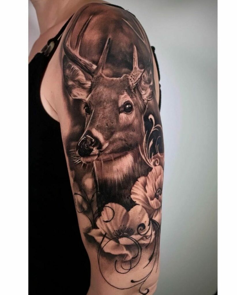 14+ Black Sleeve Tattoo Ideas To Inspire You 18 Realistic Black And Grey Deer Sleeve Tattoo