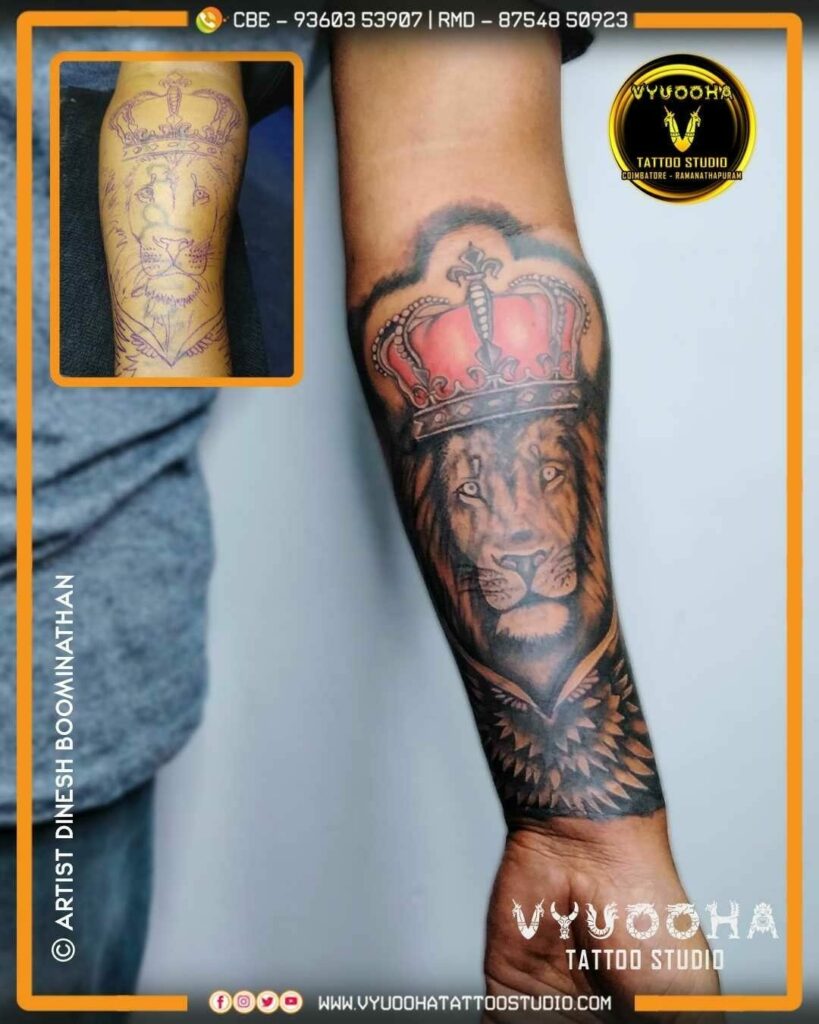 10+ Lion Tattoo On Forearm Ideas You’ll Have To See To Believe! 20 Realistic Black And Red Lion Crown Tattoo On Forearm