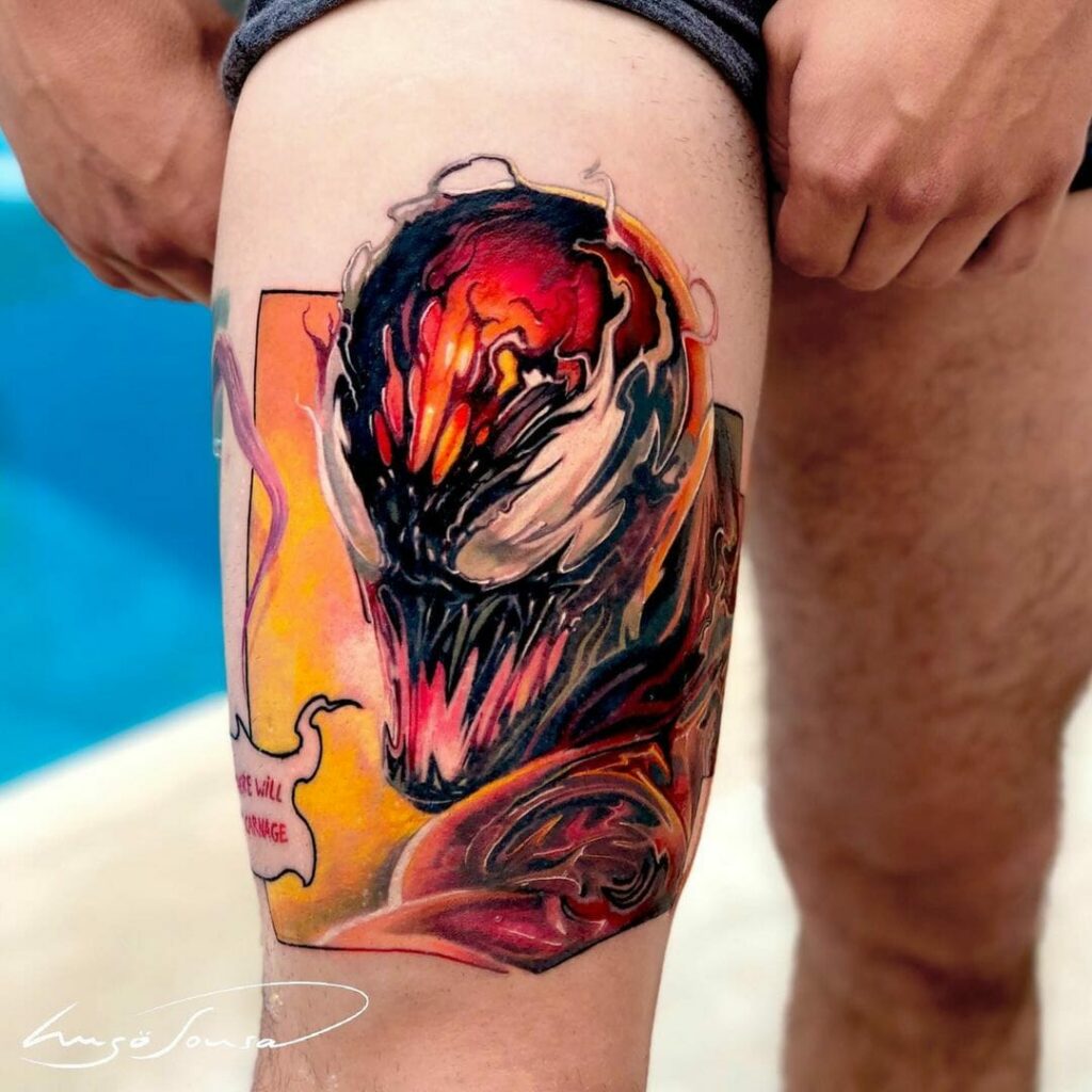 12+ Carnage Tattoo Ideas To Inspire You! 17 Realistic Carnage Tattoo With Dialogue Box