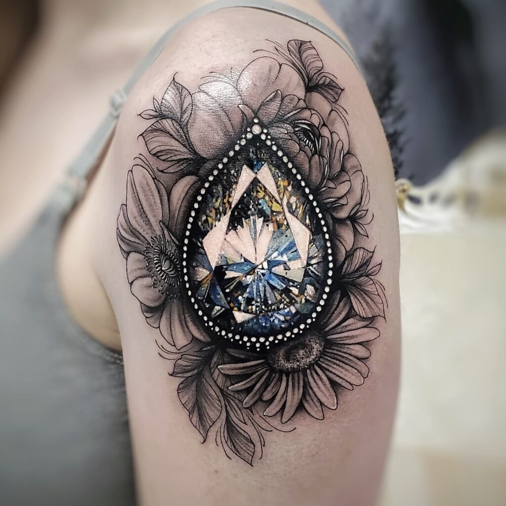 11+ Diamond Tattoo Drawing Ideas That Will Blow Your Mind 14 Realistic Diamond Tattoo Design With Floral Frame