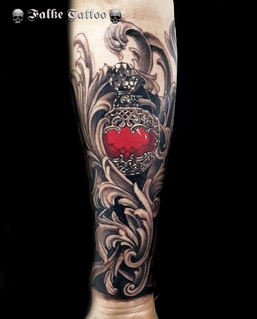 11+ Perfume Tattoo Ideas That Will Blow Your Mind! 13 Realistic Perfume Bottle Design Tattoos