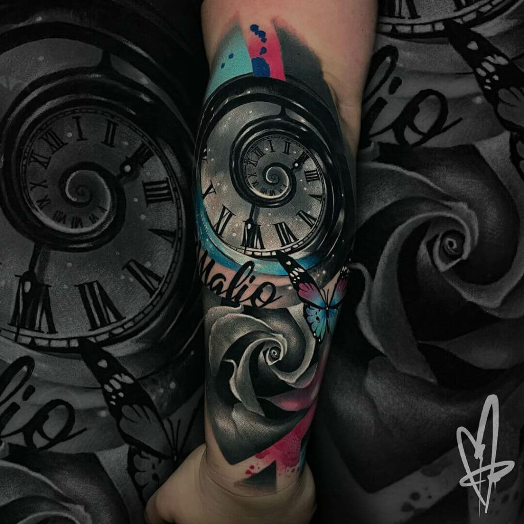 12+ Clock Flower Tattoo Ideas To Inspire You! 13 Realistic Spiral Clock Tattoo Ideas