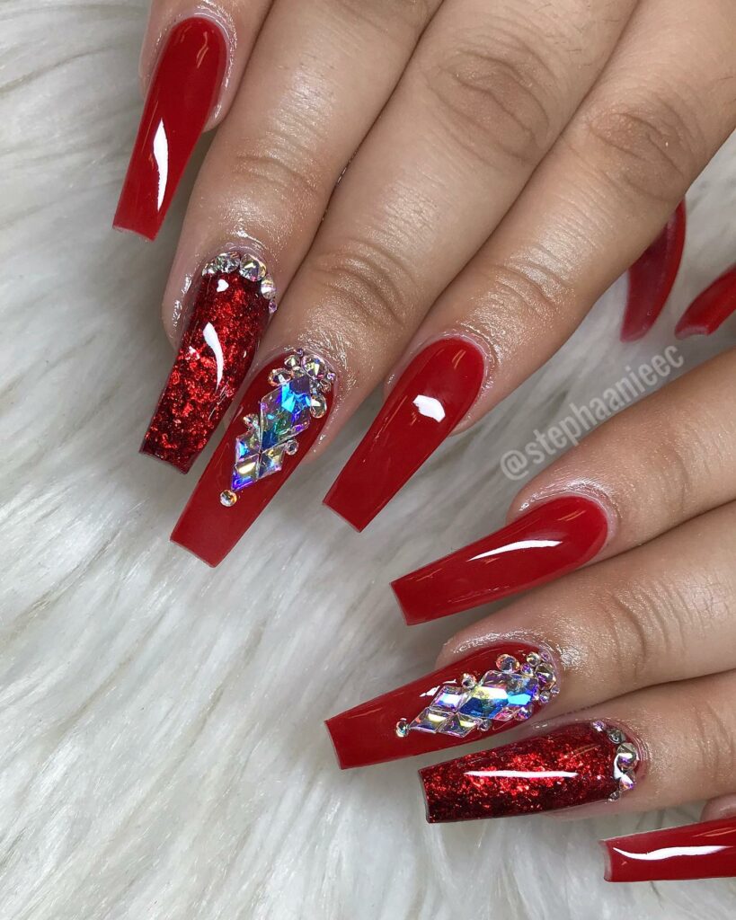 Go Bold with 40 Red Coffin Nail Designs in 2024 30 Red Acrylic Nails with Gems