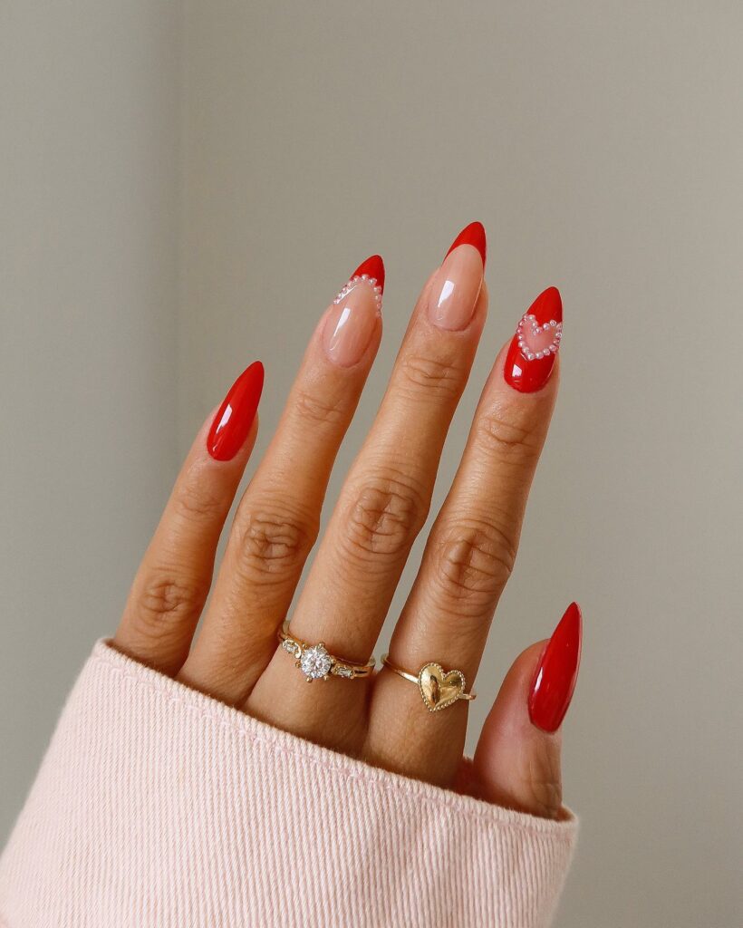 20 Latest Red Almond Nail Ideas To Try In 2024! 29 Red French Almond Nails With Pearl