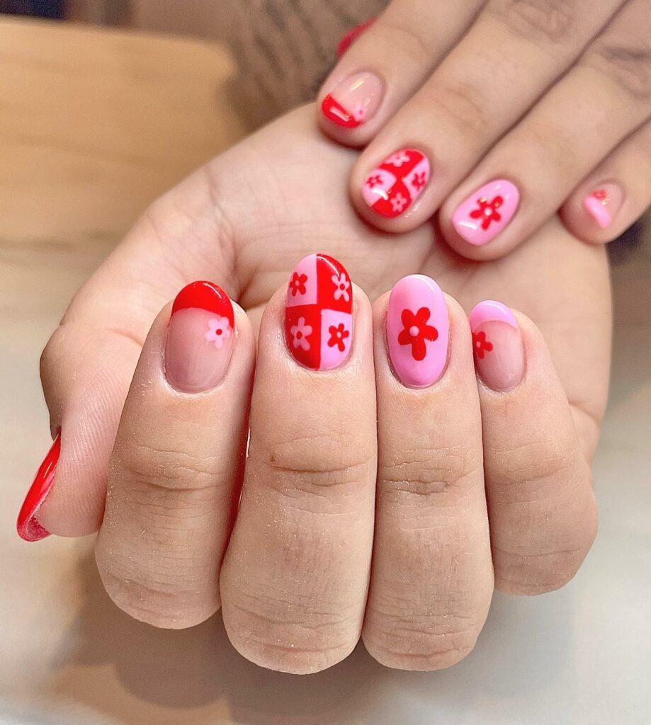 37 Latest Red And Pink Nail Design Ideas To Try In 2024! 32 Red And Pink Nails with Floral Embellishments