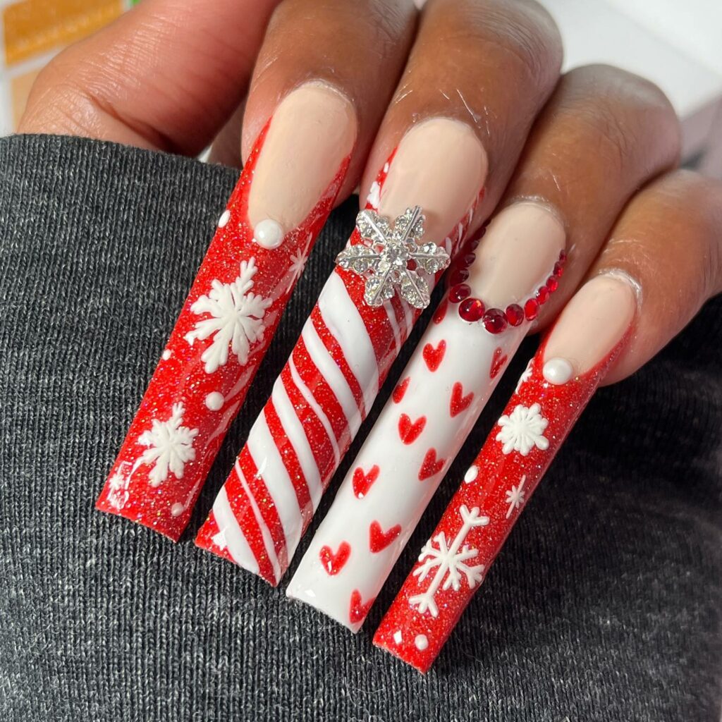 Sport 35 Festive Red Christmas Nails in 2024 14 Red Christmas Nails Adorned with Snowflakes