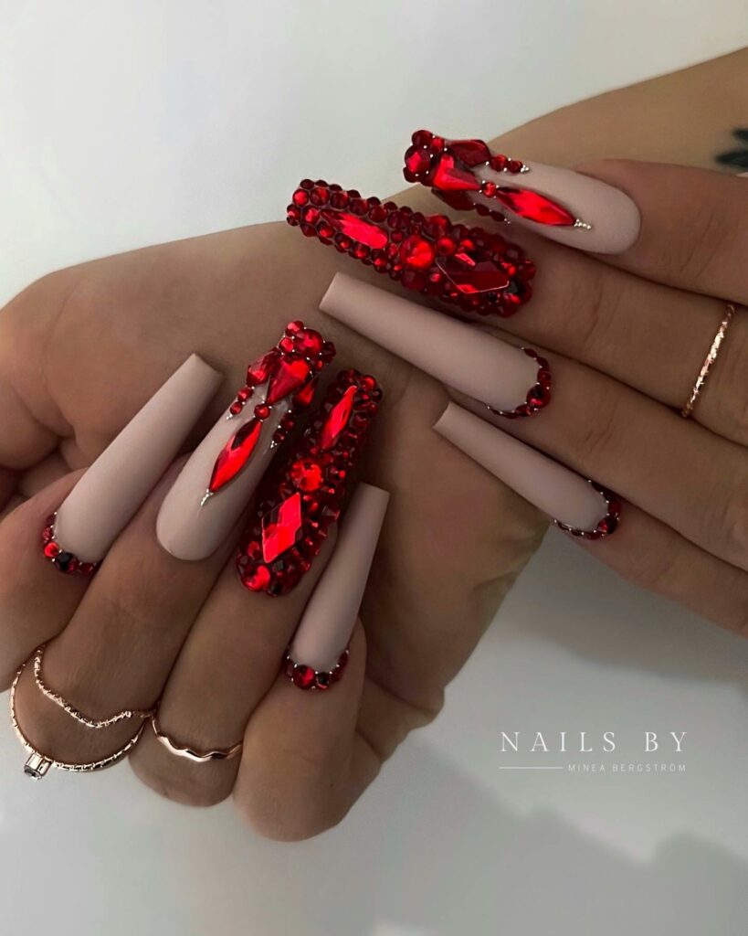37 Latest Red And Pink Nail Design Ideas To Try In 2024! 35 Red Crystal Glamour on Matte Pink Nails