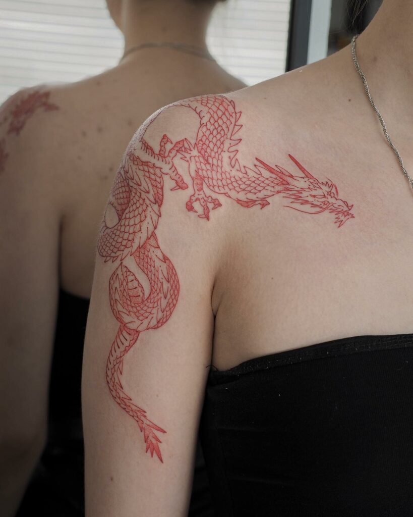 11+ Women's Feminine Dragon Tattoo Ideas That Will Blow Your Mind! 16 Red Dragon Tattoo On Shoulder