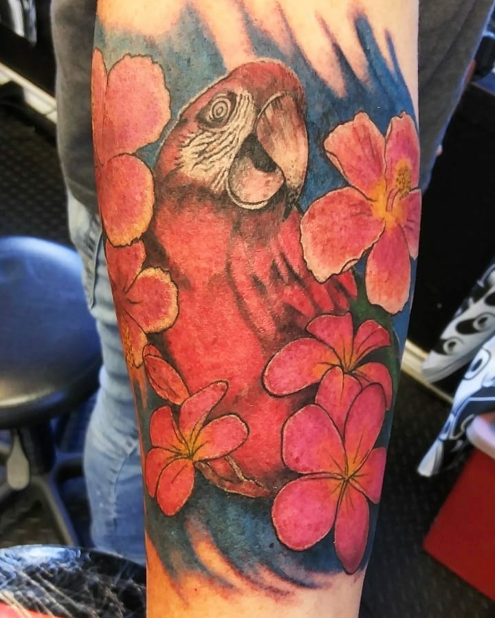 15+ Quarter Sleeve Tattoo Ideas You Have To See To Believe! 14 Red Macaw With Hibiscus Tattoo