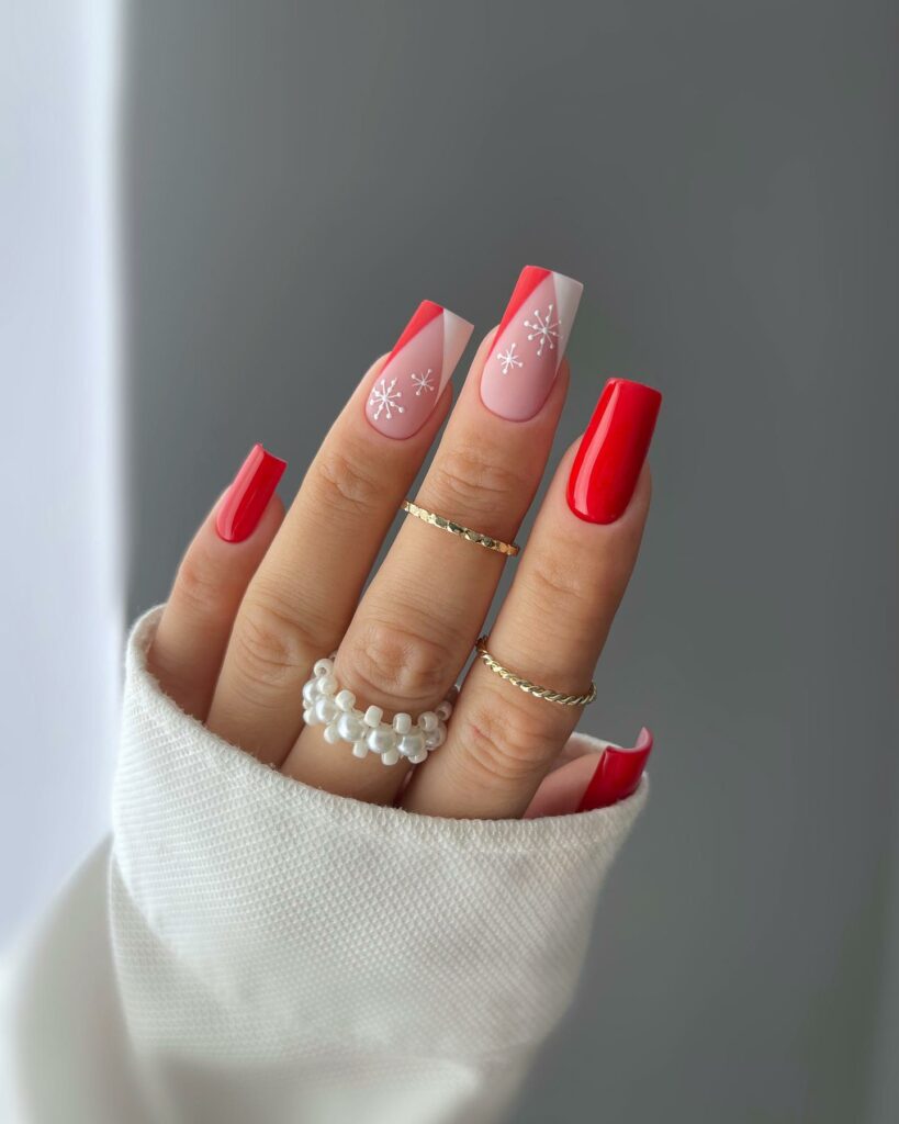 37 Latest Red And Pink Nail Design Ideas To Try In 2024! 19 Red Nails with Snowflakes