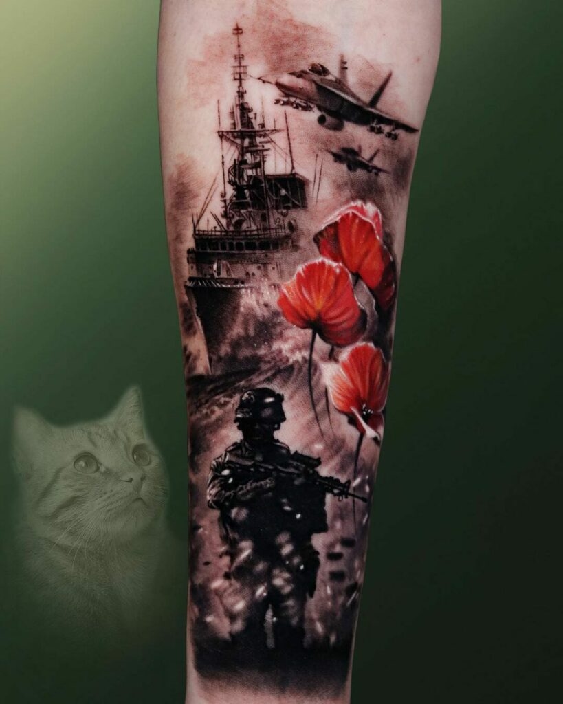11+ Military Memorial Tattoo Ideas That Will Blow Your Mind! 14 Red Poppy Fallen Soldier Tattoo