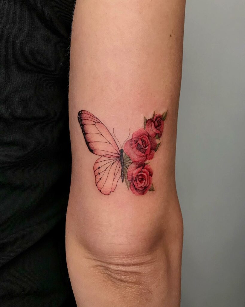11+ Rose And Butterfly Tattoo Ideas That Will Blow Your Mind! 12 Red Rose And Delicate Butterfly Tattoo