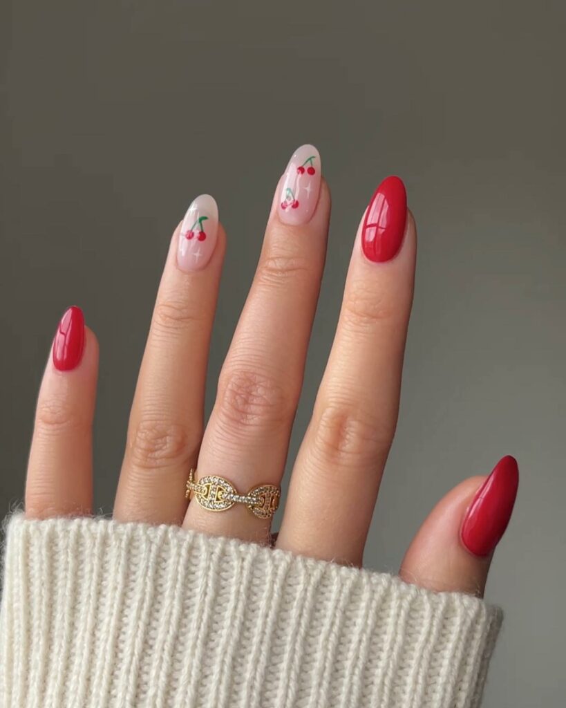 Celebrate with 33 Short Christmas Nail Ideas in 2024 28 Red Short Christmas Nails with Cherry Accents