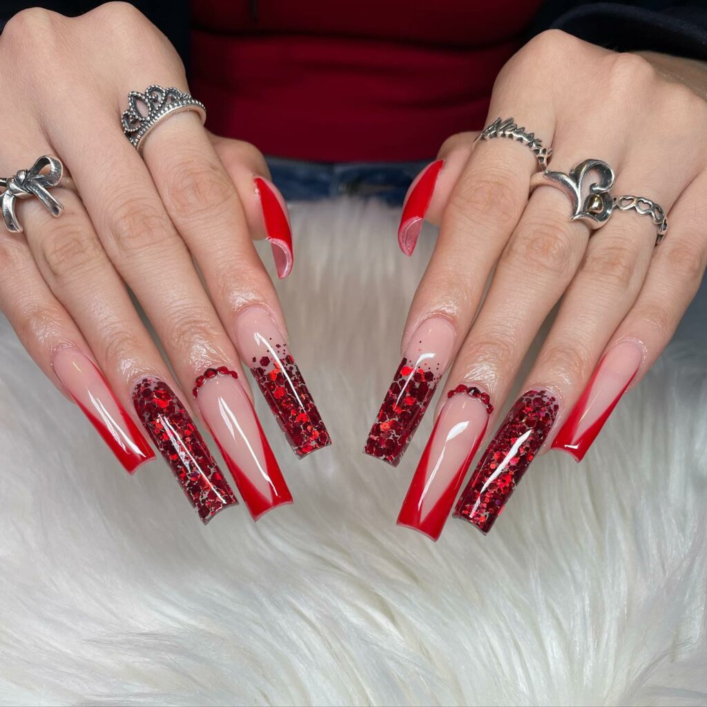 Explore 34 Red Acrylic Nail Designs To Try in 2024 37 Red V french and glitter