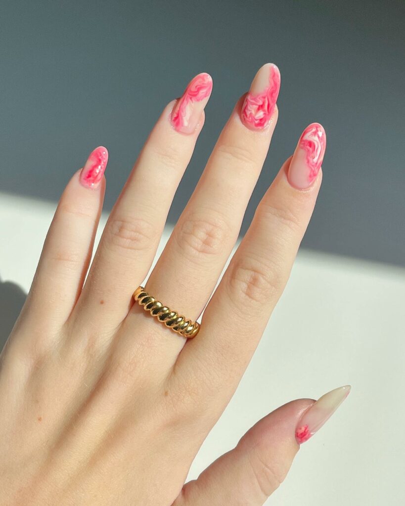 37 Latest Red And Pink Nail Design Ideas To Try In 2024! 28 Marbled Red and Pink Nails with Swirling Elegance