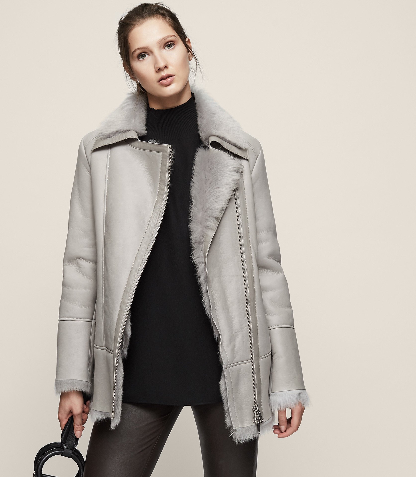 Reiss Nicole LONG-HAIRED SHEARLING COAT GREY – $1685 Reiss Nicole LONG-HAIRED SHEARLING COAT GREY