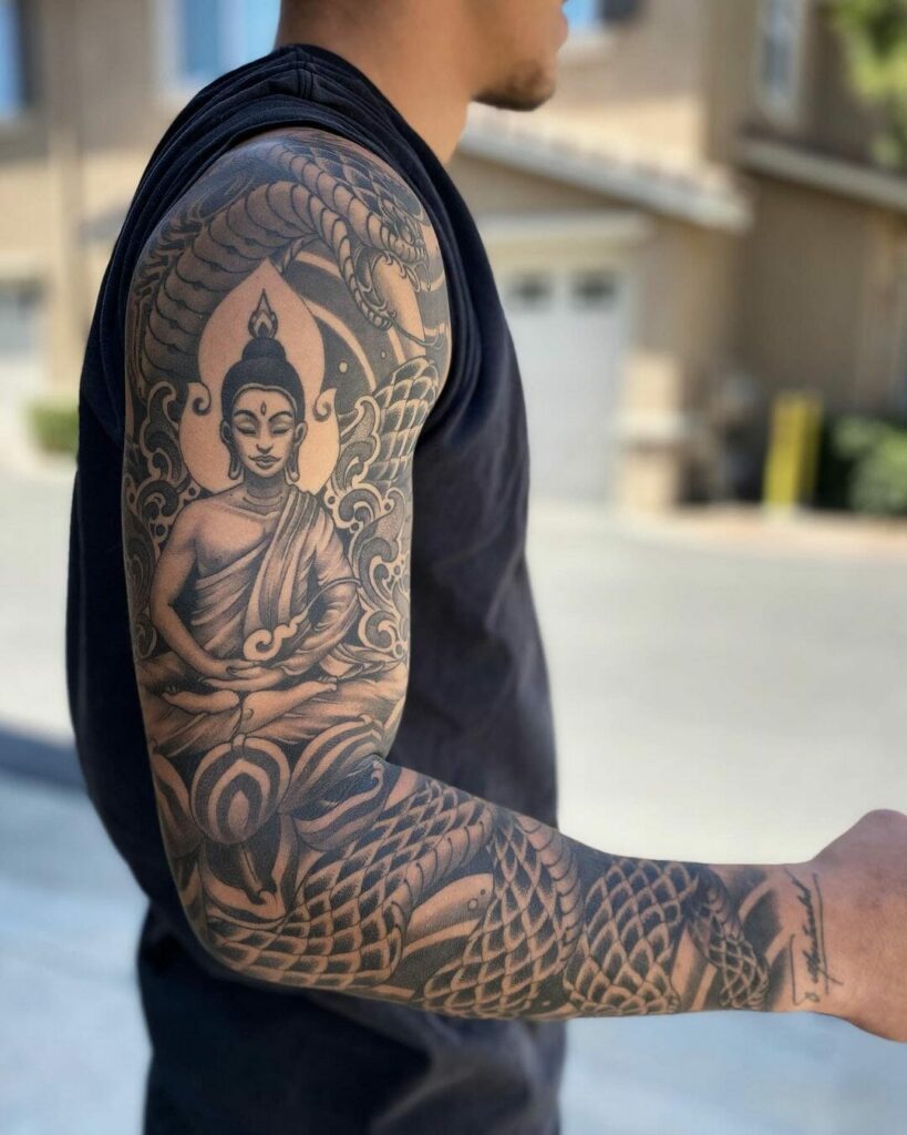 11+ Full Sleeve Tattoo Womens Ideas That Will Blow Your Mind! 18 Religious Sleeve Tattoo With Budha And Cobra