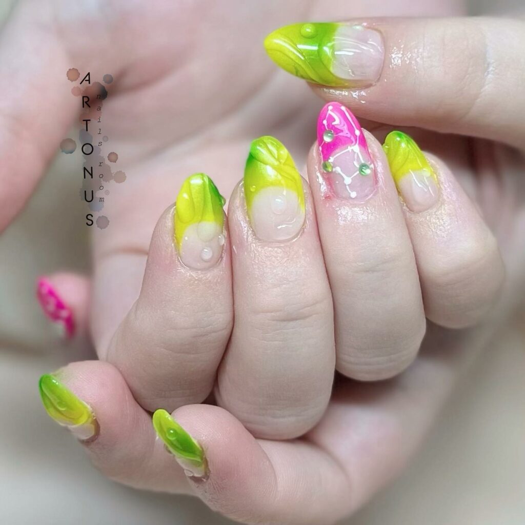 Try in 2024: 50 Latest Neon Green Nail Designs 52 Retro neon green french nails