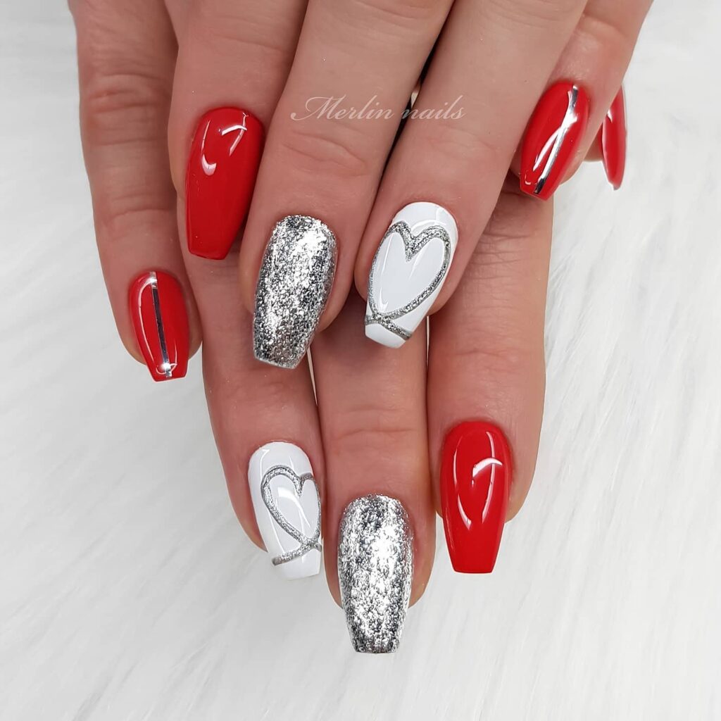20 Latest Red And Silver Nail Ideas For 2024 16 Romantic Fusion of Red and Silver Nails