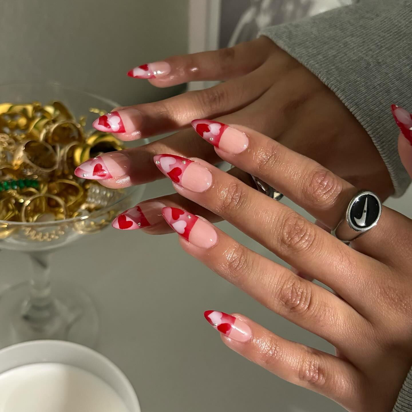 20 Latest Red Nail Designs To Try Today ✨ 19 Romantic Heart Patterned Stiletto Nails