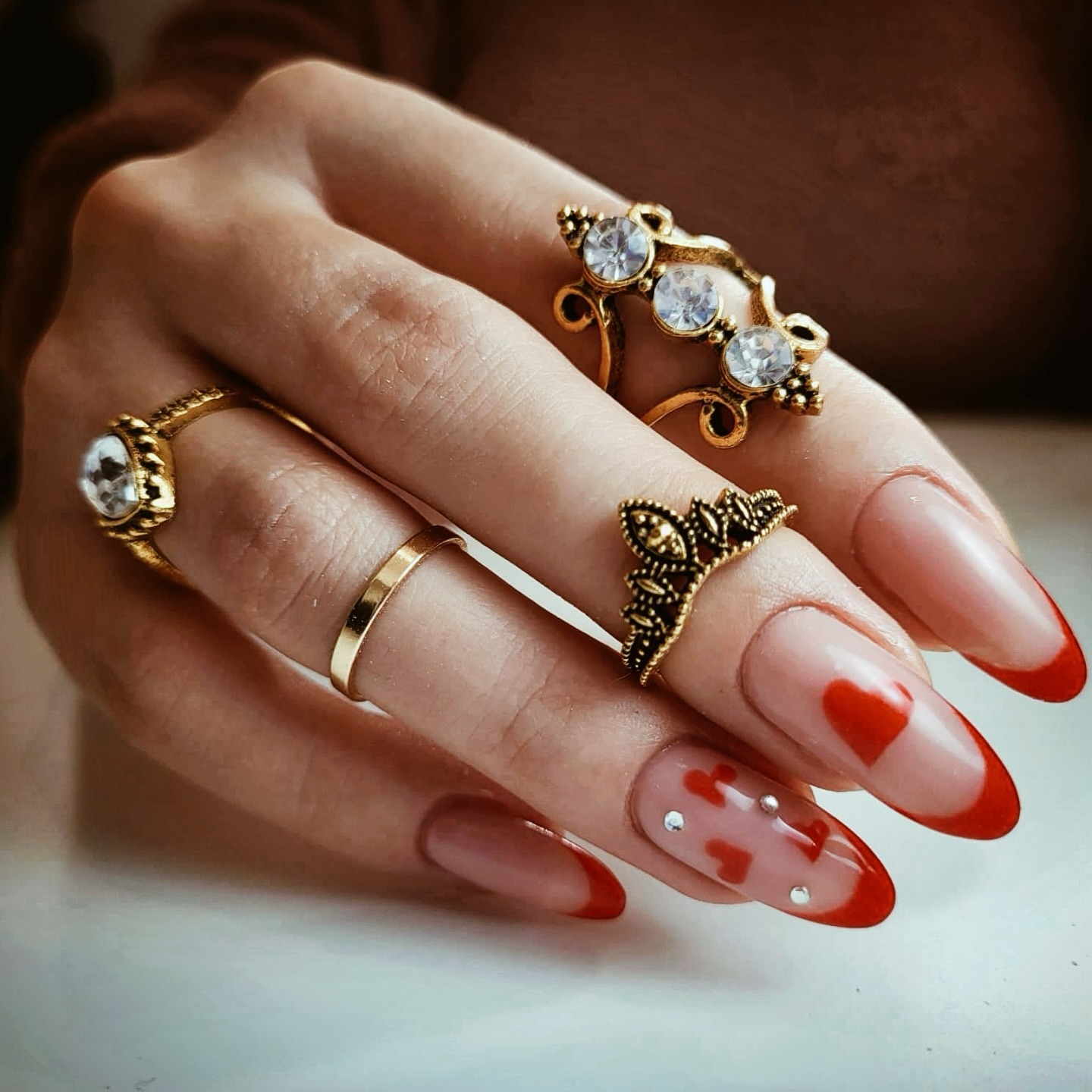 30 LATEST GREEN NAIL DESIGNS TO TRY TODAY ✨ 14 Romantic Red Ombre Nails with Heart Accents