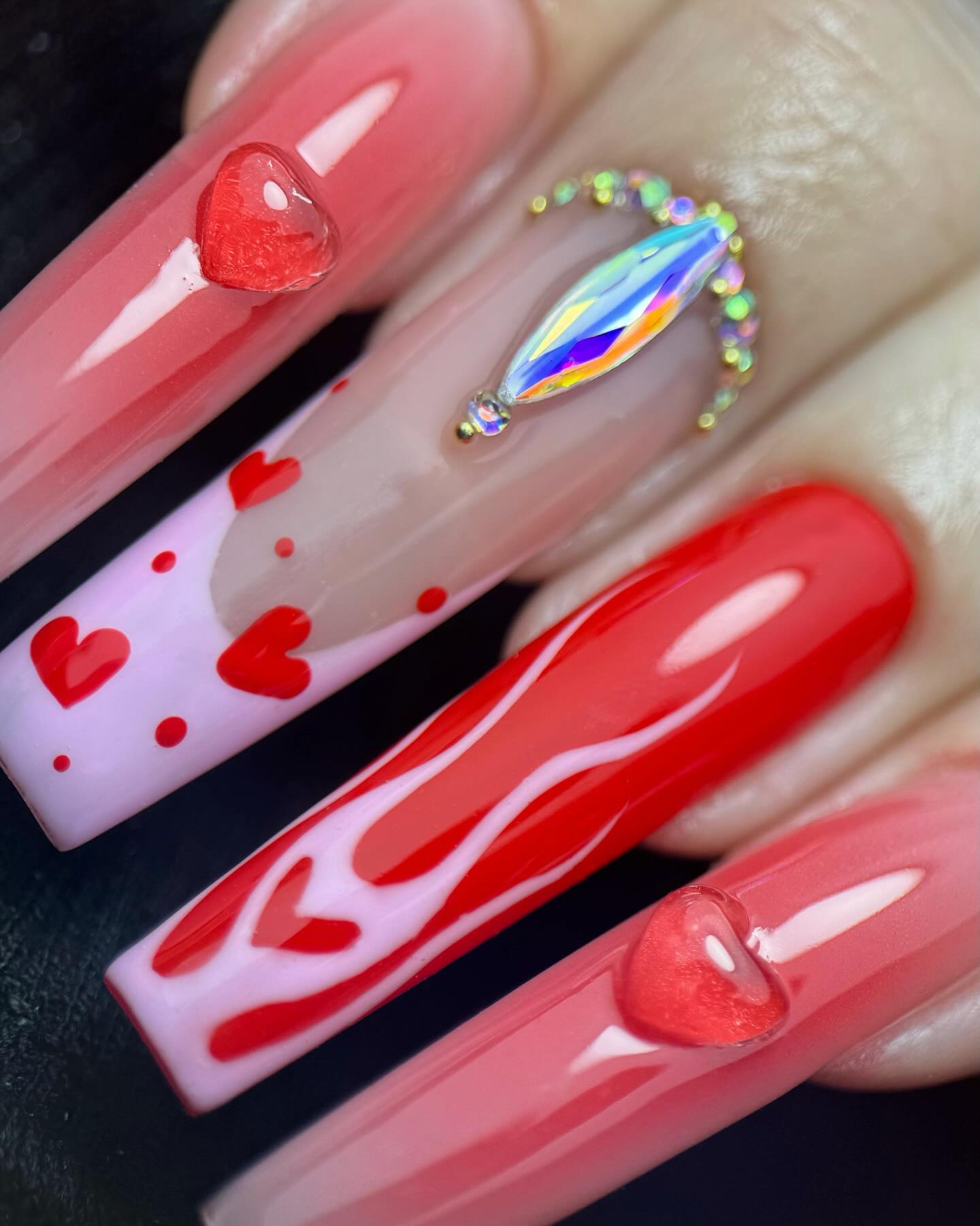 20 Latest Red Nail Designs To Try Today ✨ 15 Romantic Red Ombre with Heart Details