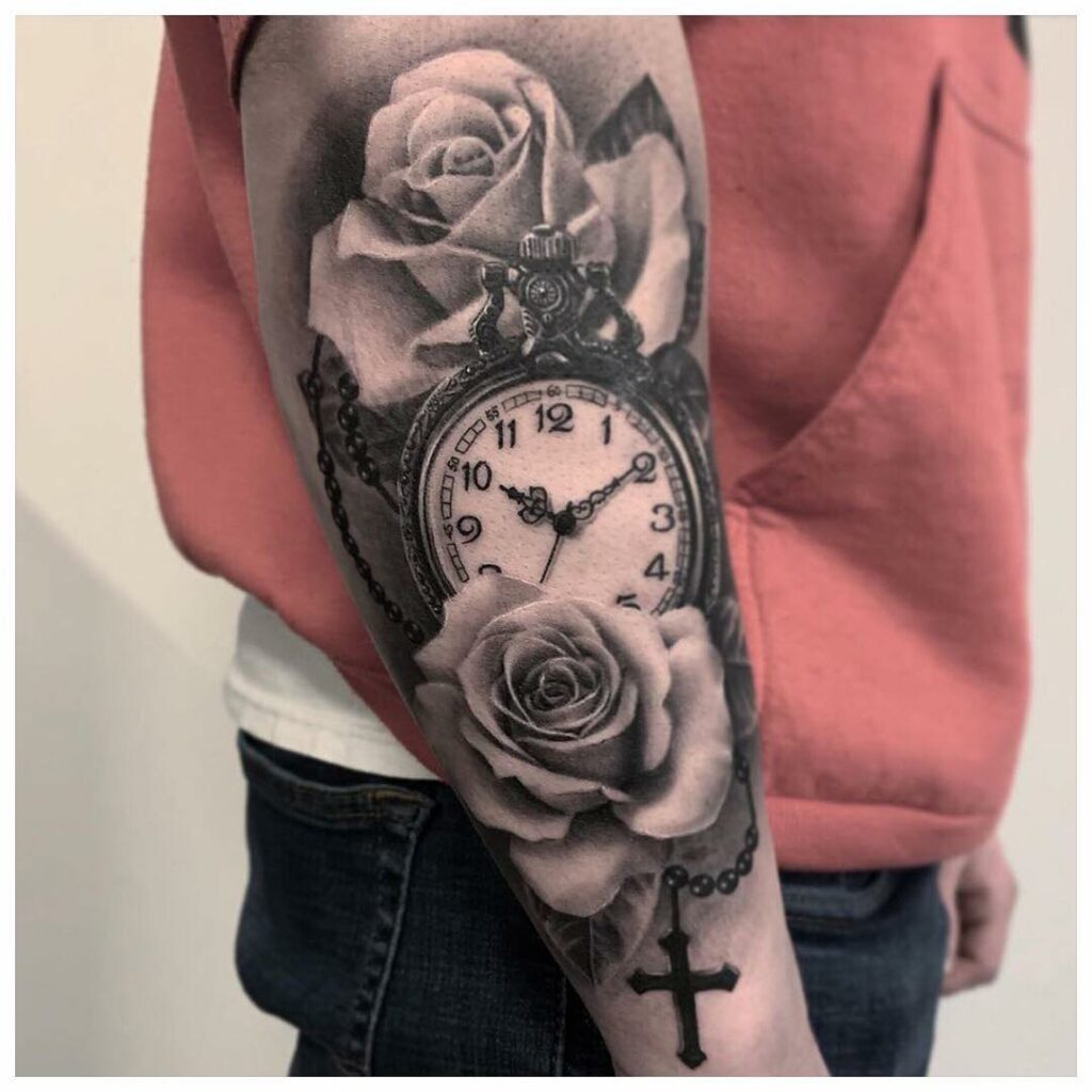 12+ Hand Rosary Tattoo Ideas To Inspire You 15 Rose And Pocket Watch Rosary Tattoo On Arm