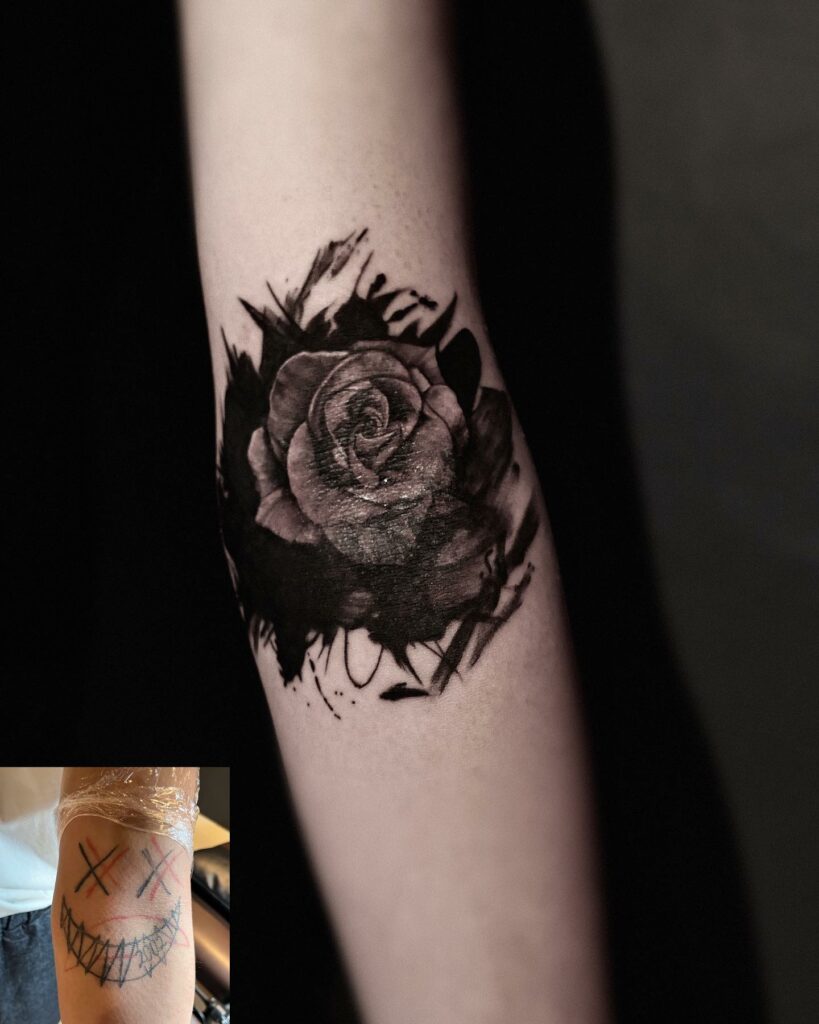 11+ Simple Black Tattoo Cover-up Ideas That Will Blow Your Mind! 15 Rose Dark Ink Covering Tattoo