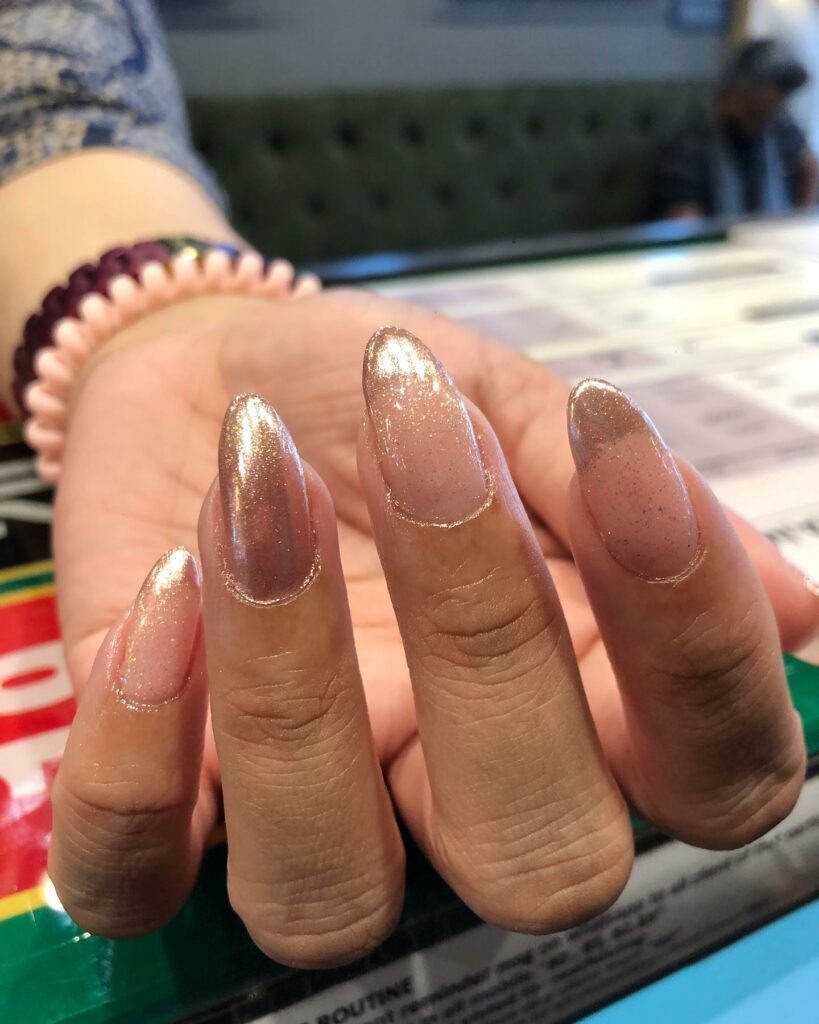 Try in 2024: 39 Latest Short Almond Nail Designs 33 Rose Gold Glitter short almond nails