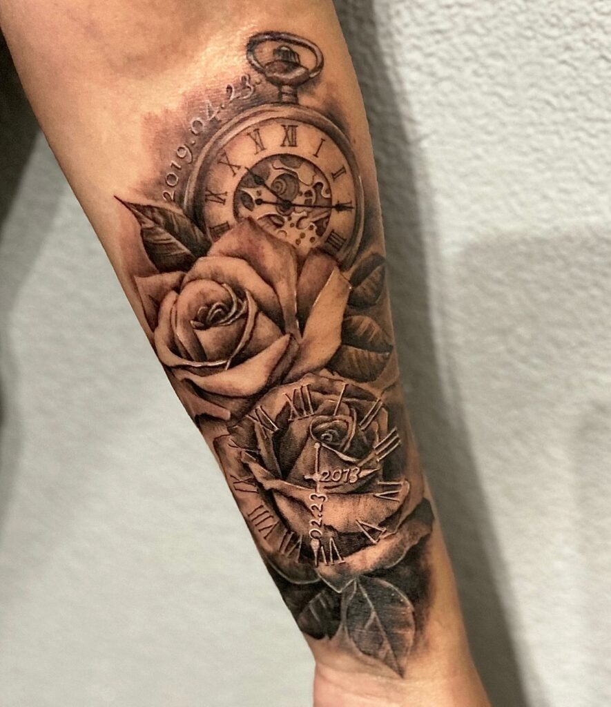 11+ Rose and Clock Tattoo Ideas That Will Blow Your Mind! 11 Rose and Clock Tattoo With Roman Numerals