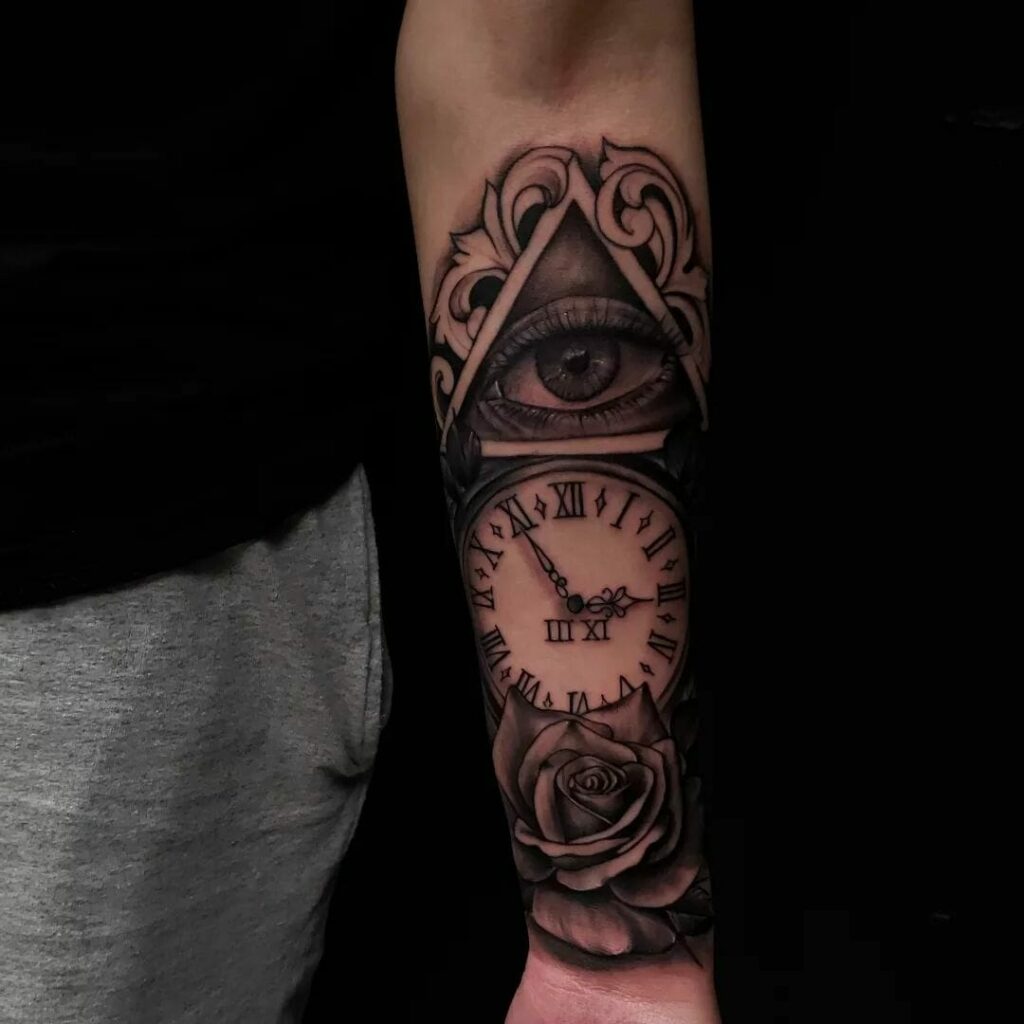 11+ Rose and Clock Tattoo Ideas That Will Blow Your Mind! 13 Rose and Eye Clock Tattoo