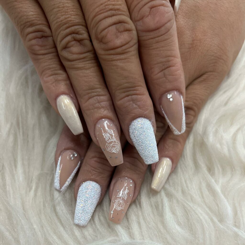 59 White Glitter Nail Designs To Try In 2024! 45 Rose print and White Glitter Nails
