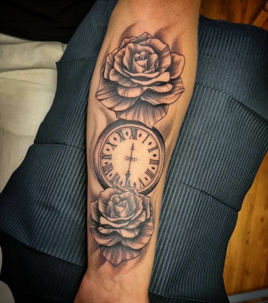 12+ Clock Flower Tattoo Ideas To Inspire You! 16 Roses And The Pointing Clock Tattoos