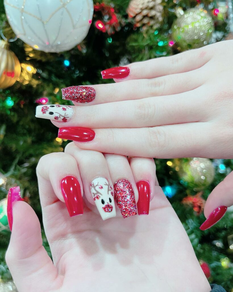 Sport 35 Festive Red Christmas Nails in 2024 23 Rudolf-Inspired Red Christmas Nails