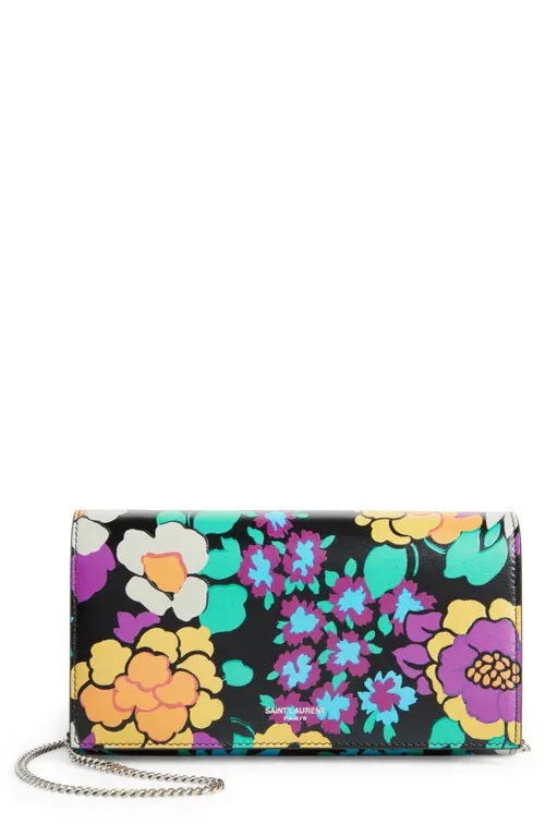 SAINT LAURENT Floral Print Leather Wallet on a Chain