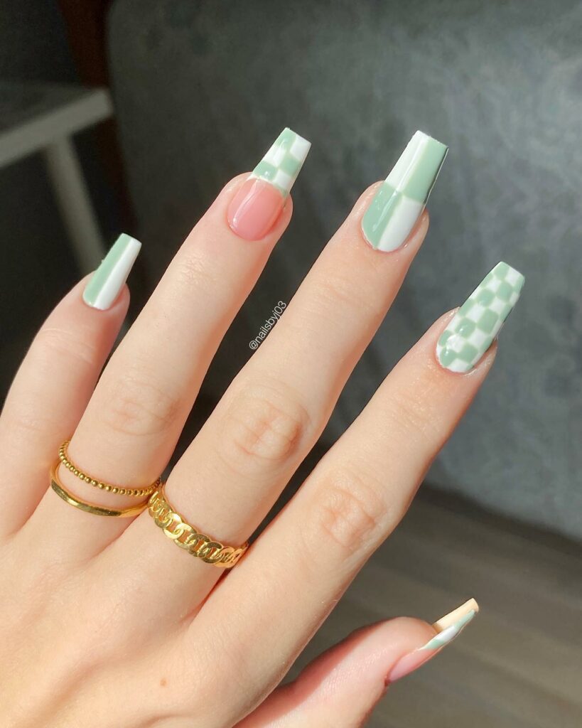 Discover 36 Sage Green Nail Designs To Try in 2024 34 Sage Green Checkerboard Nails