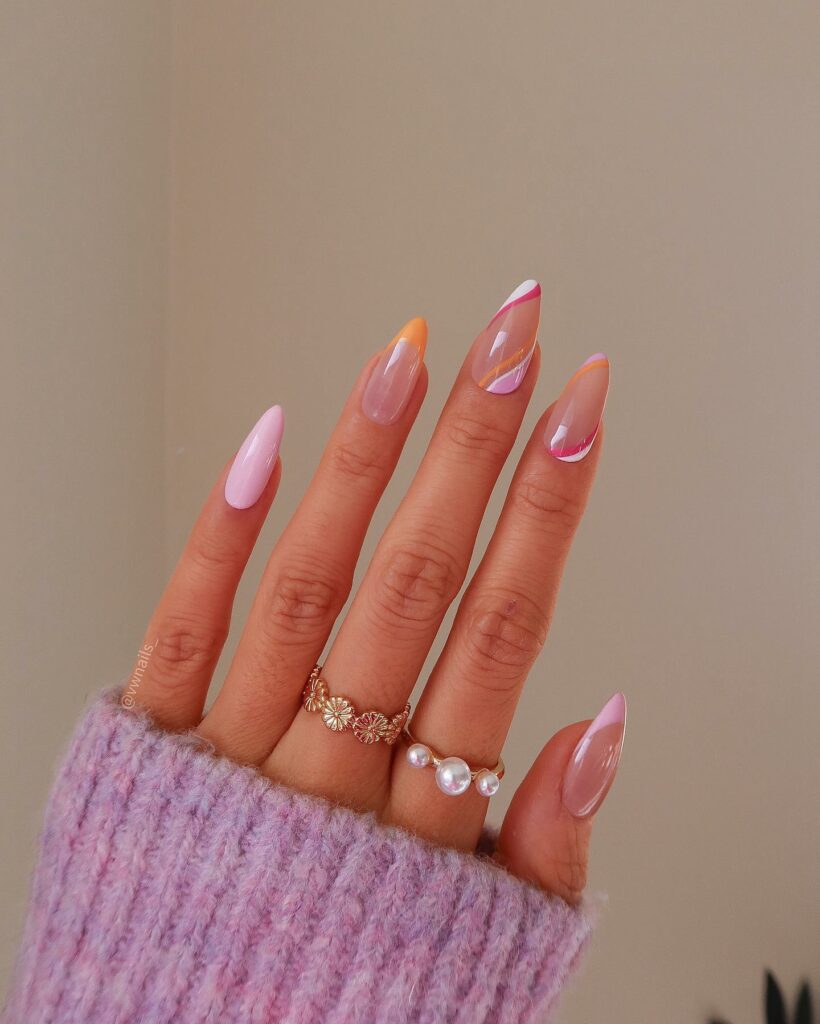 30 Latest Pink And White Nail Ideas To Try In 2024! 43 Salmon Pink + White Wavy Nails