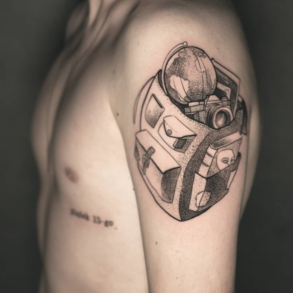 11+ Backpack Tattoo Ideas That Will Blow Your Mind! 15 Shaded Travel Tattoo Design