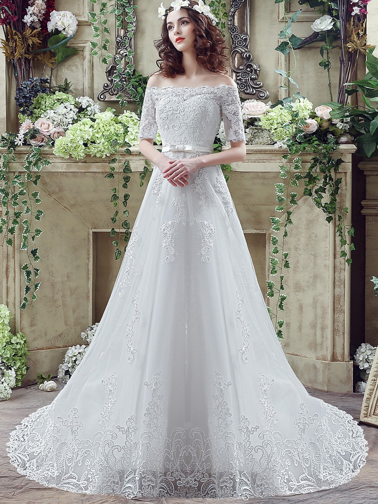She In White Embroidery Boat Neck Wedding Dresses With Belt – $160